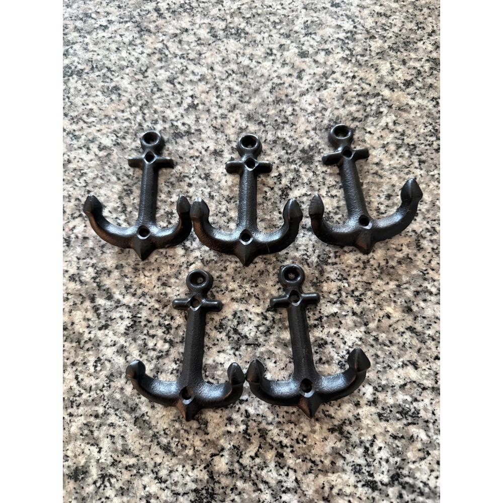 Unbranded Anchor Wall Hooks Set of 5 Black New Cast Iron Nautical Decor